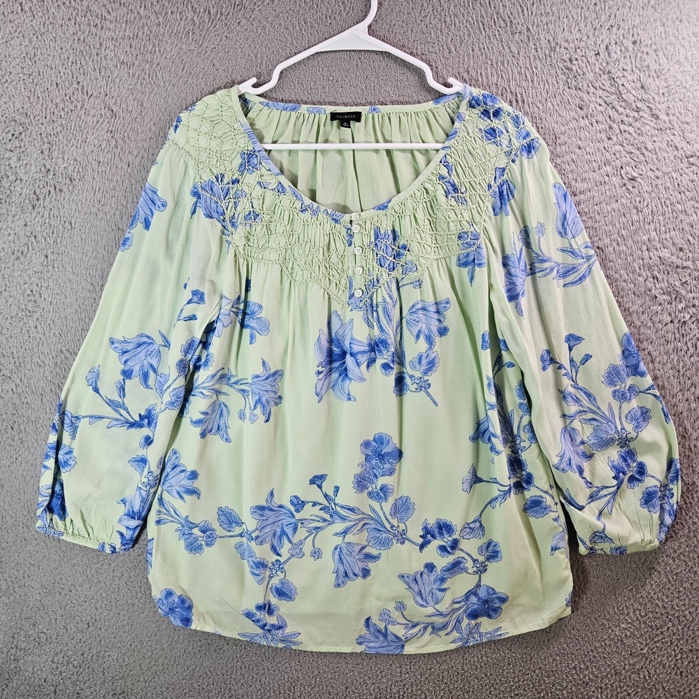 Talbots Top Blouse Women Medium Blue Floral Print Light‎ Green